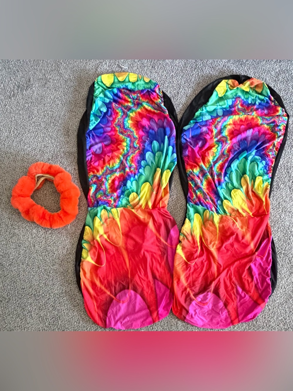Tie-Dye Rainbow Car/van seat covers and fuzzy steering wheel cover.